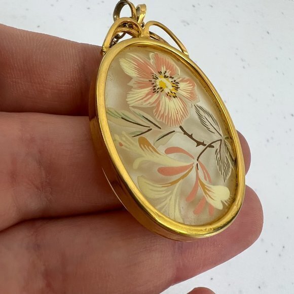 Boho Floral Necklace Pendant Reverse Painted Gold Tone Vintage‎ Hand Fairycore - Picture 8 of 9